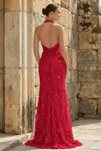 Sage Sheath Halter Sequined Long Evening Dress With Floral Appliques - Curvevia