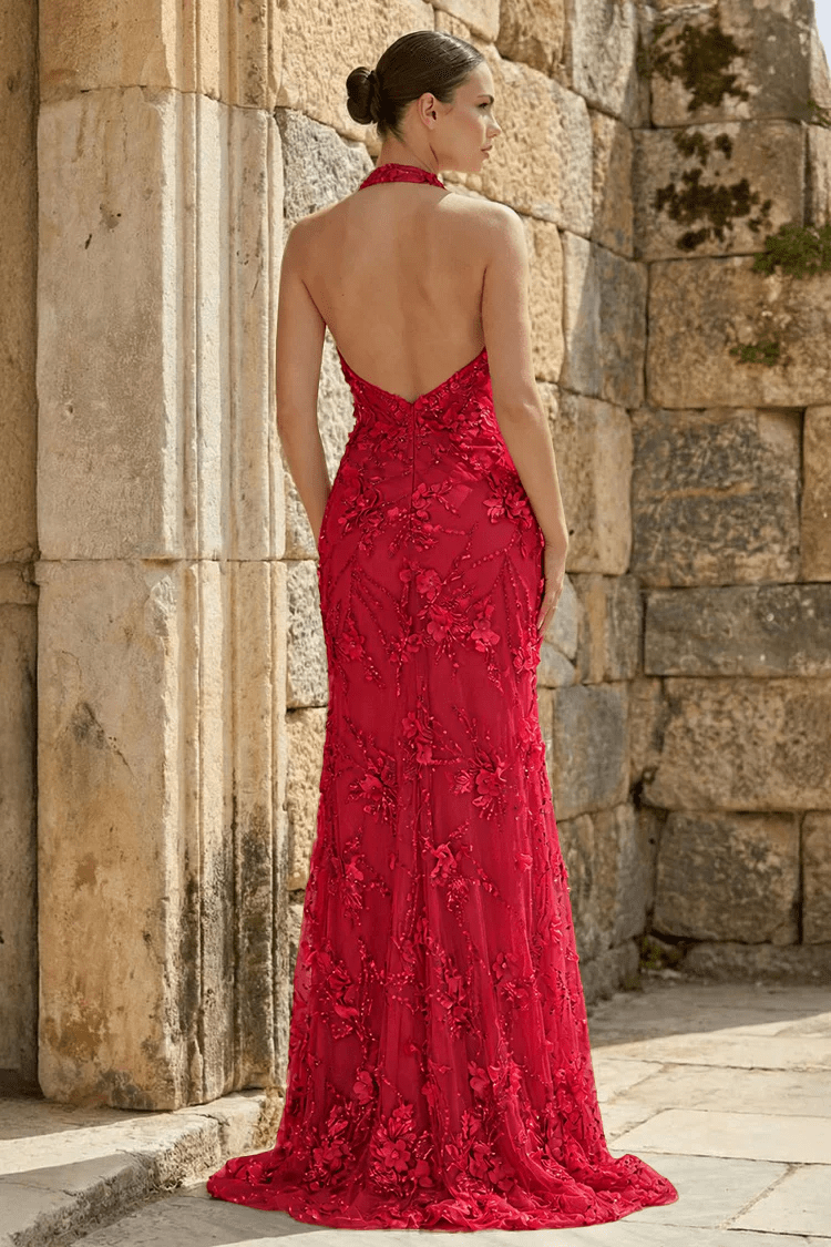 Sage Sheath Halter Sequined Long Evening Dress With Floral Appliques - Curvevia