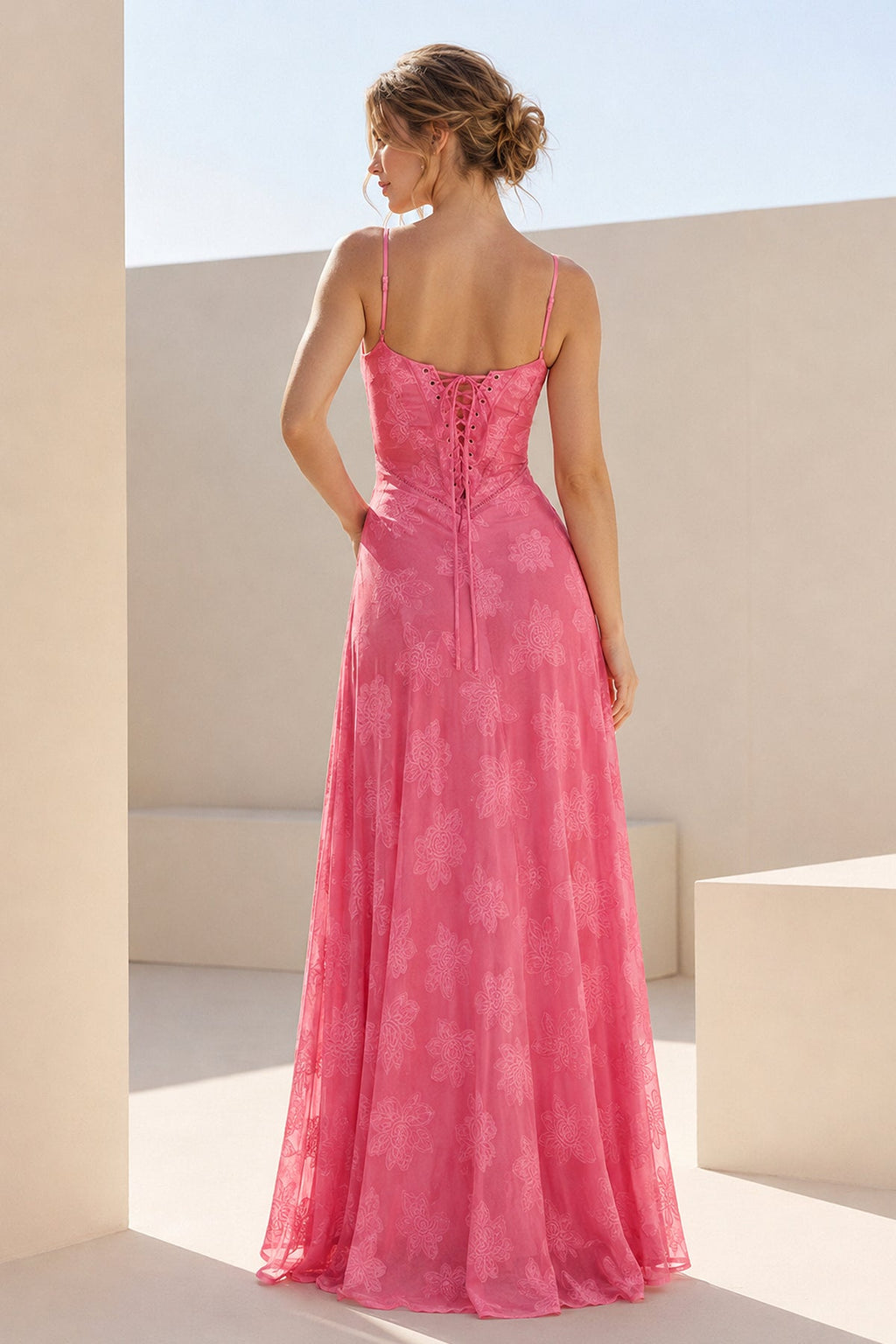 Pink Sheath Satin Floral Spaghetti Straps Long Evening Dress - Curvevia