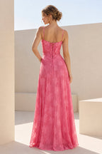 Pink Sheath Satin Floral Spaghetti Straps Long Evening Dress - Curvevia