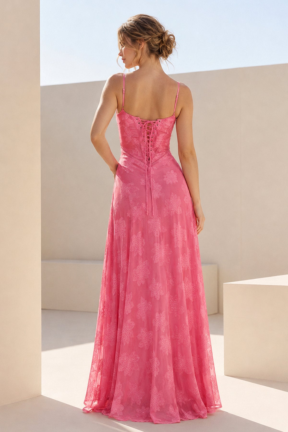Pink Sheath Satin Floral Spaghetti Straps Long Evening Dress - Curvevia