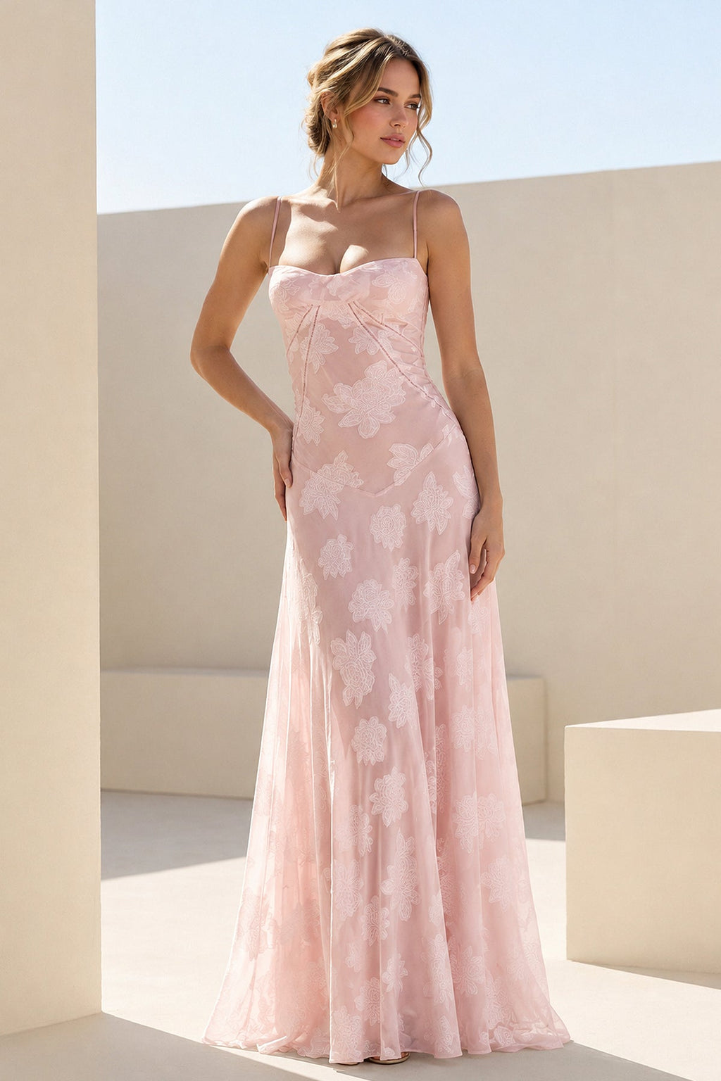 Pink Sheath Satin Floral Spaghetti Straps Long Evening Dress - Curvevia