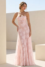Pink Sheath Satin Floral Spaghetti Straps Long Evening Dress - Curvevia
