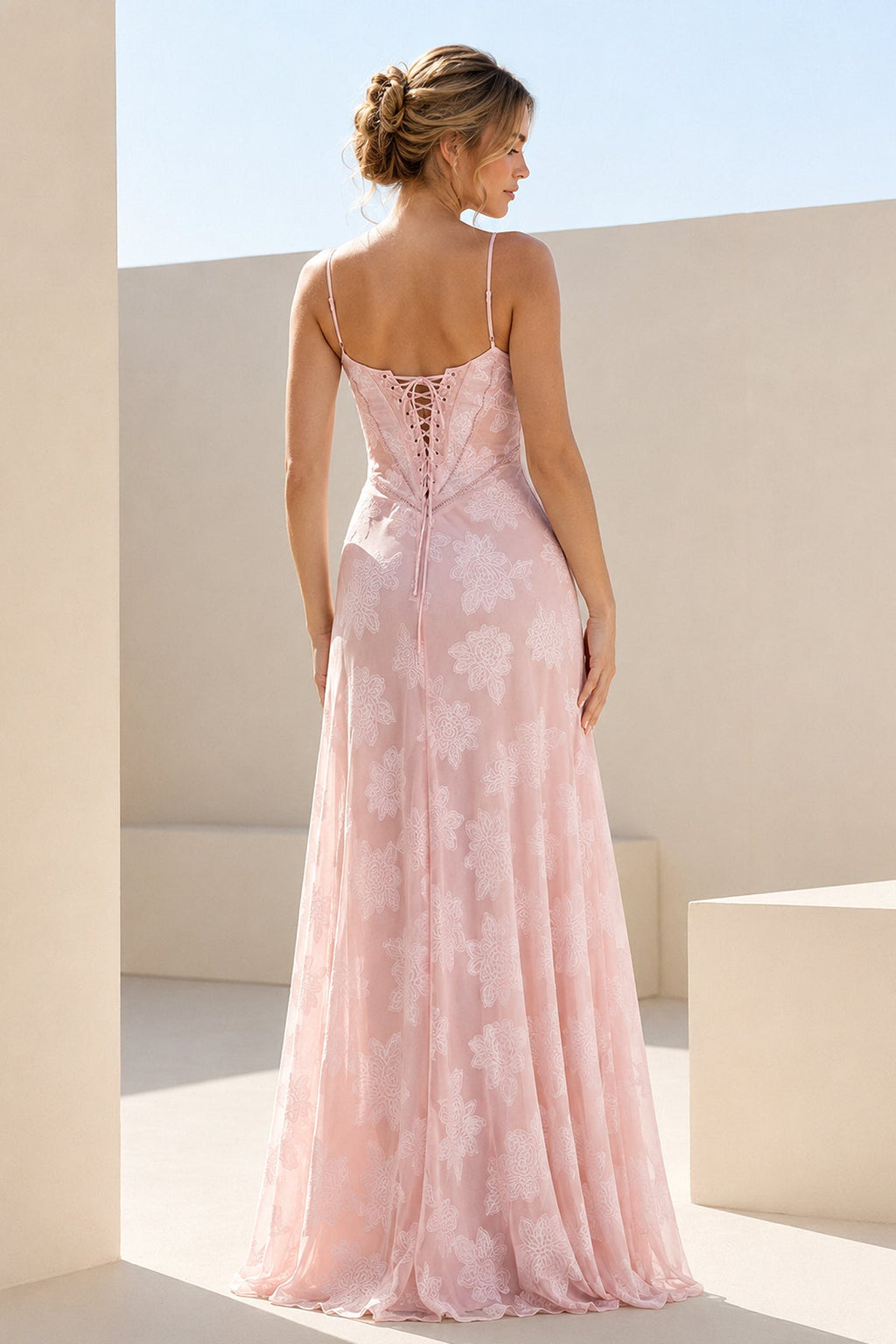 Pink Sheath Satin Floral Spaghetti Straps Long Evening Dress - Curvevia