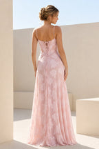 Pink Sheath Satin Floral Spaghetti Straps Long Evening Dress - Curvevia