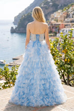 Pink A Line Floral Tulle Halter Long Wedding Guest Dress with Ruffles and Beading - Curvevia