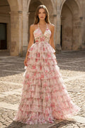 Pink A Line Floral Tulle Halter Long Wedding Guest Dress with Ruffles and Beading - Curvevia
