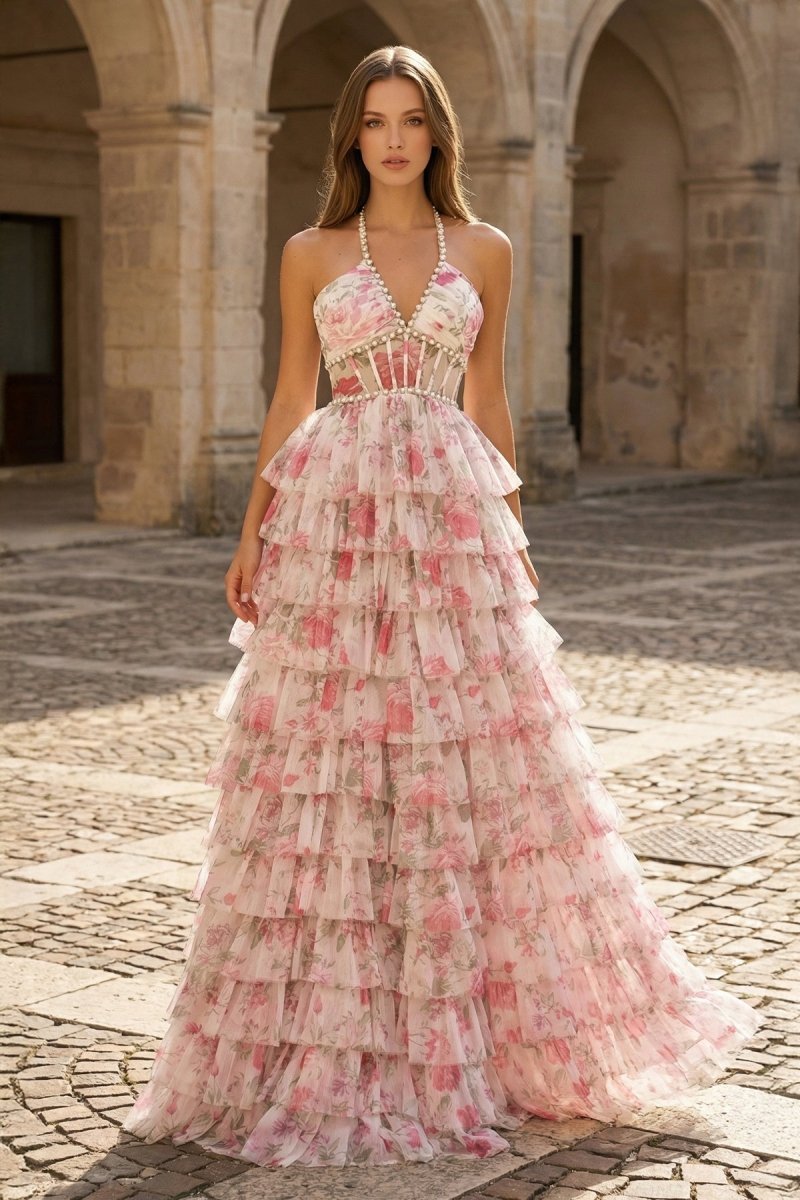 Pink A Line Floral Tulle Halter Long Wedding Guest Dress with Ruffles and Beading - Curvevia