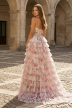 Pink A Line Floral Tulle Halter Long Wedding Guest Dress with Ruffles and Beading - Curvevia