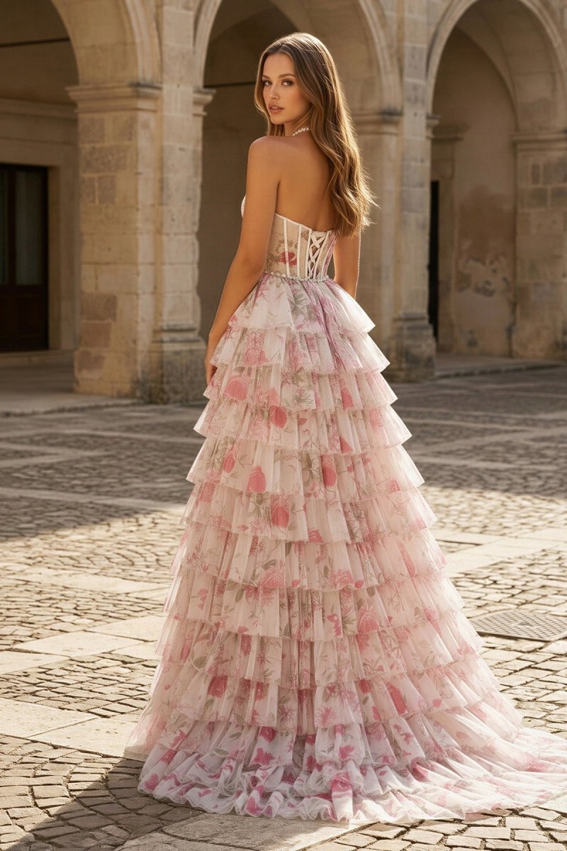 Pink A Line Floral Tulle Halter Long Wedding Guest Dress with Ruffles and Beading - Curvevia