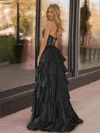 Yellow Strapless Satin Ruffle Tiered Beaded A Line Wedding Guest Dress - Curvevia