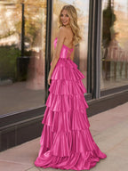 Yellow Strapless Satin Ruffle Tiered Beaded A Line Wedding Guest Dress - Curvevia