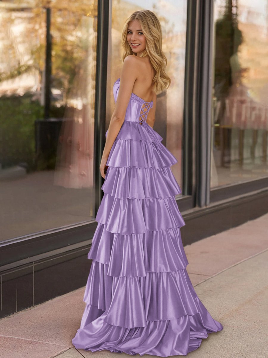 Yellow Strapless Satin Ruffle Tiered Beaded A Line Wedding Guest Dress - Curvevia
