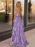 Yellow Strapless Satin Ruffle Tiered Beaded A Line Wedding Guest Dress - Curvevia