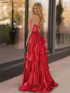 Yellow Strapless Satin Ruffle Tiered Beaded A Line Wedding Guest Dress - Curvevia