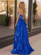 Yellow Strapless Satin Ruffle Tiered Beaded A Line Wedding Guest Dress - Curvevia