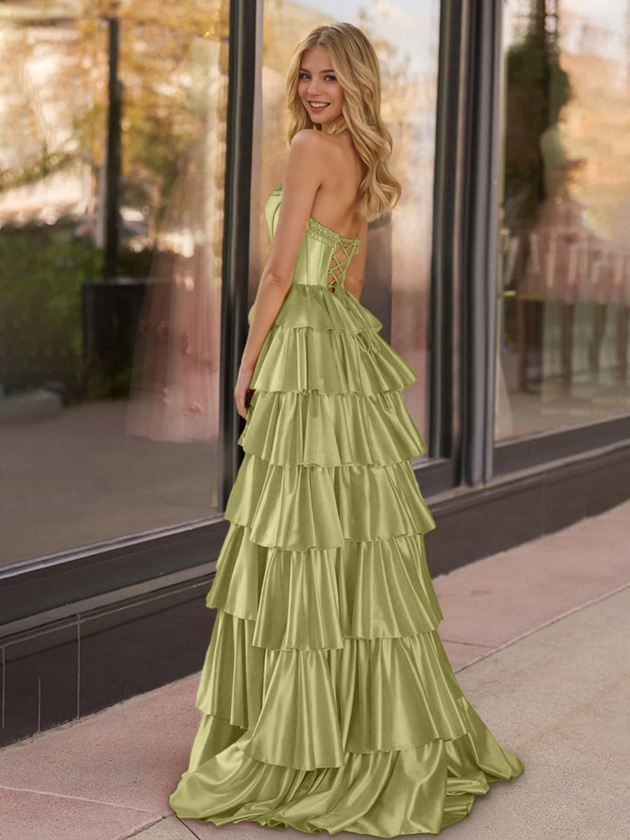 Yellow Strapless Satin Ruffle Tiered Beaded A Line Wedding Guest Dress - Curvevia