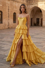 Yellow Strapless Satin Ruffle Tiered Beaded A Line Wedding Guest Dress - Curvevia