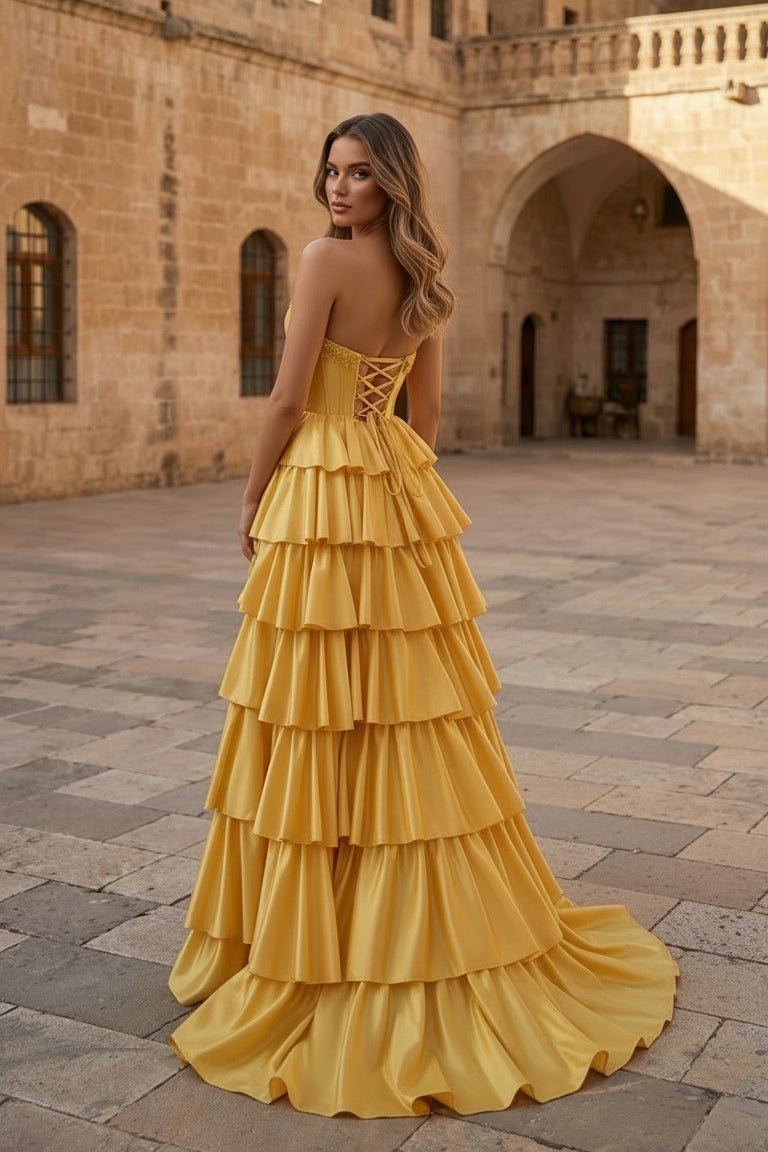 Yellow Strapless Satin Ruffle Tiered Beaded A Line Wedding Guest Dress - Curvevia