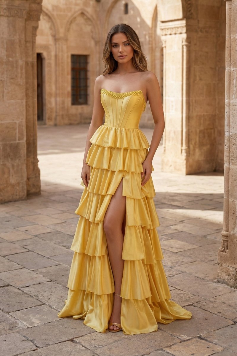 Yellow Strapless Satin Ruffle Tiered Beaded A Line Wedding Guest Dress - Curvevia