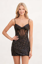 Black odycon Sequined V Neck Corset Mini Homecoming Dresses - Curvevia