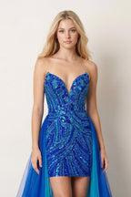Royal Blue - Sheath V Neck Sequined Mini Homecoming Dresses with Train - Curvevia