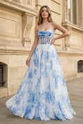 A-Line Strapless Blue Floral Print Long Wedding Guest Dress - Curvevia