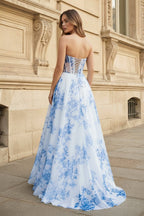 A-Line Strapless Blue Floral Print Long Wedding Guest Dress - Curvevia