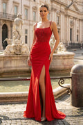 Mermaid Spaghetti Straps Red Beaded Long Evening Dress with Slit - Curvevia