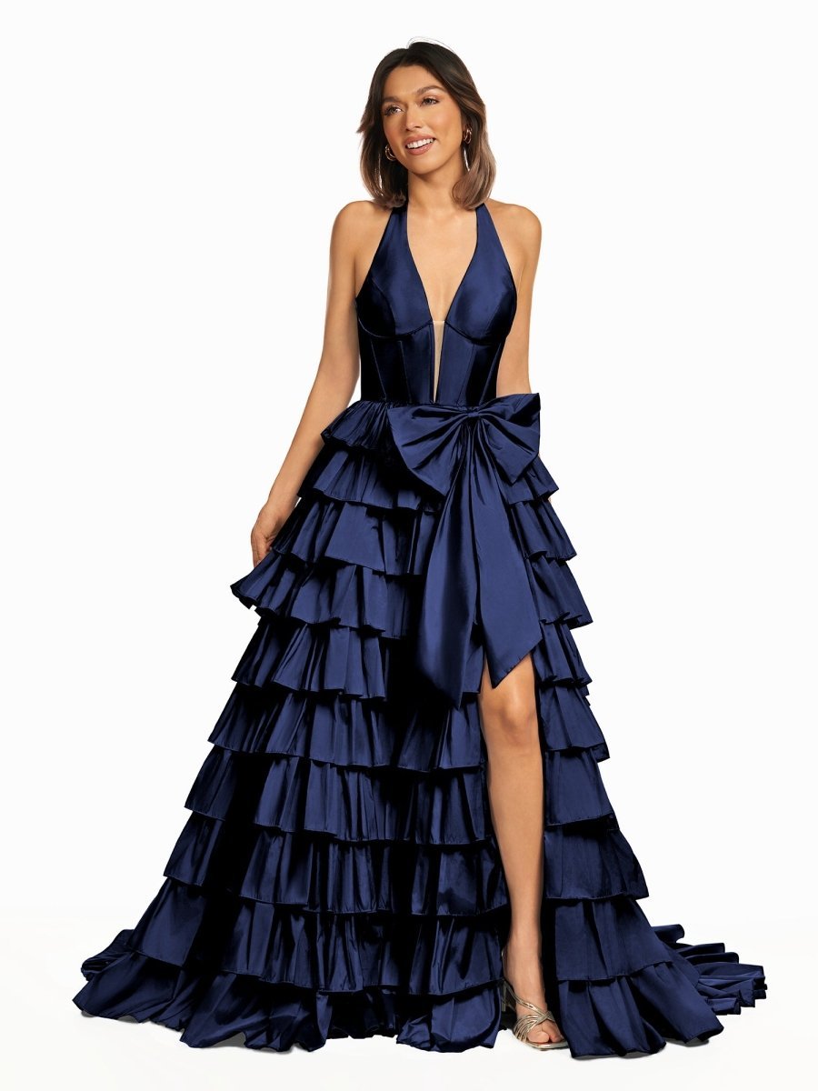 Halter A-Line Blue Satin Long Ruffled Prom Dress With Slit - Curvevia