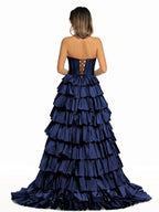 Halter A-Line Blue Satin Long Ruffled Prom Dress With Slit - Curvevia