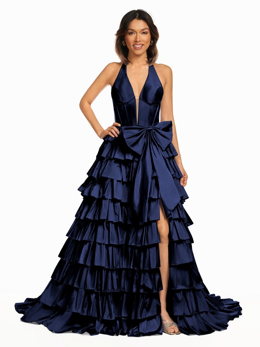 Halter A-Line Blue Satin Long Ruffled Prom Dress With Slit - Curvevia