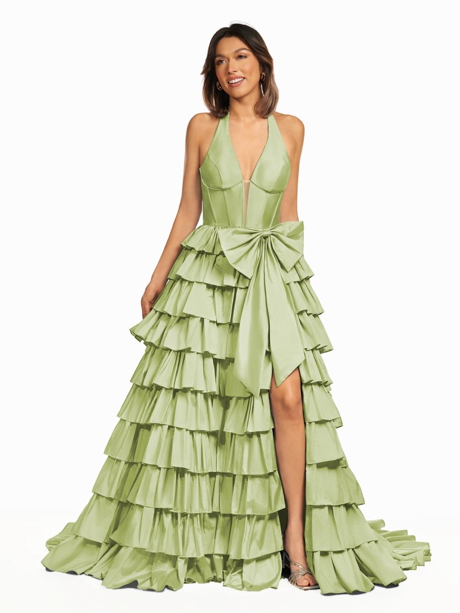 Halter A-Line Blue Satin Long Ruffled Prom Dress With Slit - Curvevia