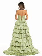 Halter A-Line Blue Satin Long Ruffled Prom Dress With Slit - Curvevia