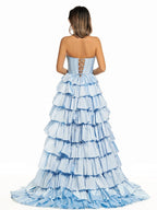 Halter A-Line Blue Satin Long Ruffled Prom Dress With Slit - Curvevia