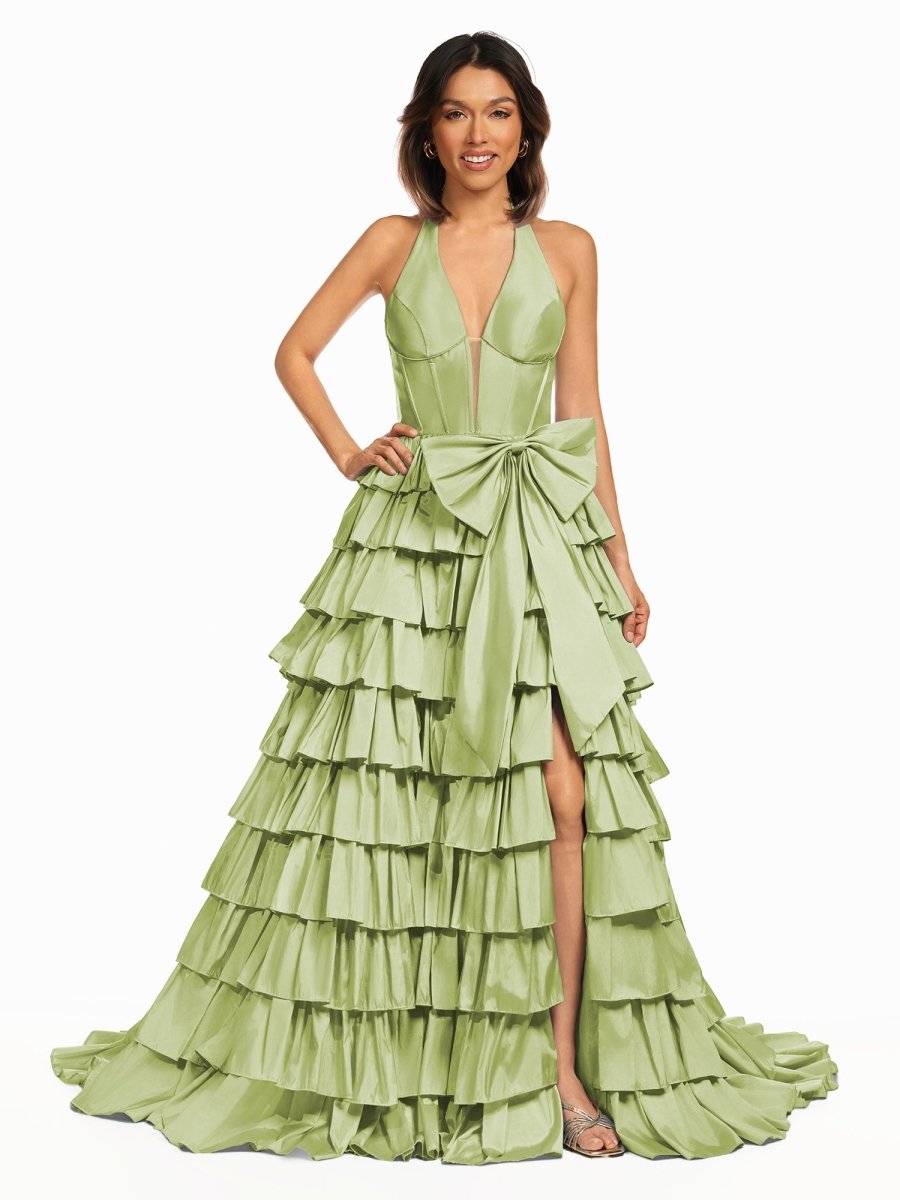 Halter A-Line Blue Satin Long Ruffled Prom Dress With Slit - Curvevia