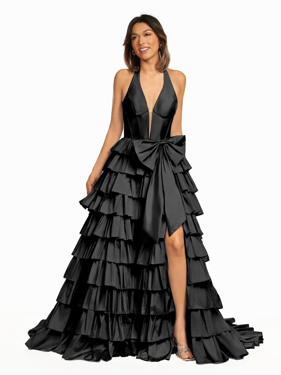 Halter A-Line Blue Satin Long Ruffled Prom Dress With Slit - Curvevia