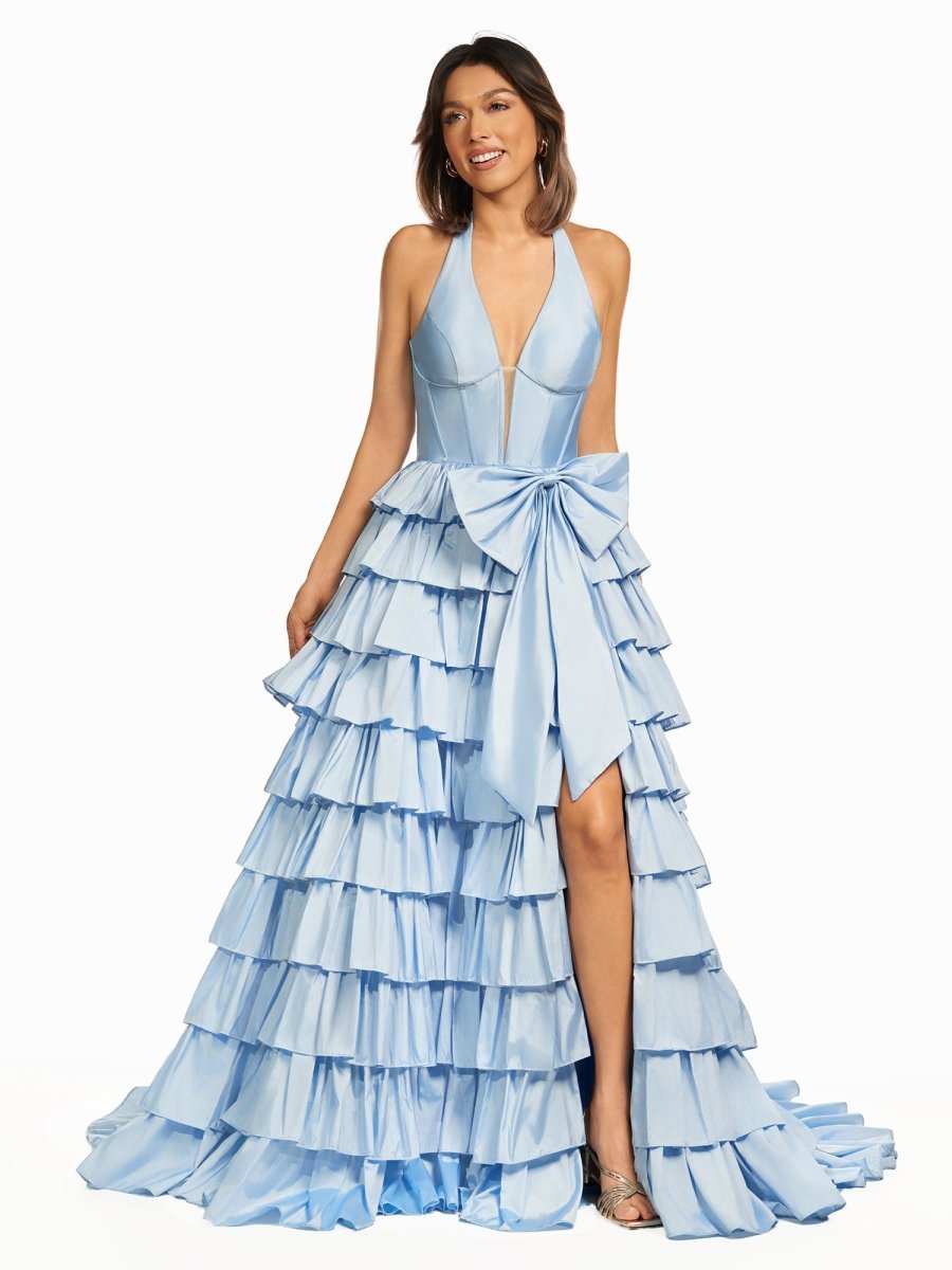 Halter A-Line Blue Satin Long Ruffled Prom Dress With Slit - Curvevia