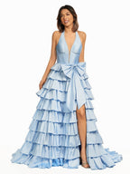 Halter A-Line Blue Satin Long Ruffled Prom Dress With Slit - Curvevia
