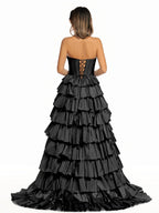 Halter A-Line Blue Satin Long Ruffled Prom Dress With Slit - Curvevia