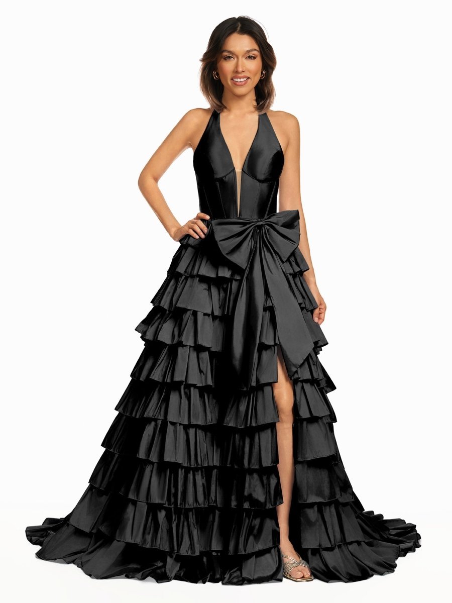 Halter A-Line Blue Satin Long Ruffled Prom Dress With Slit - Curvevia