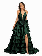 Halter A-Line Blue Satin Long Ruffled Prom Dress With Slit - Curvevia