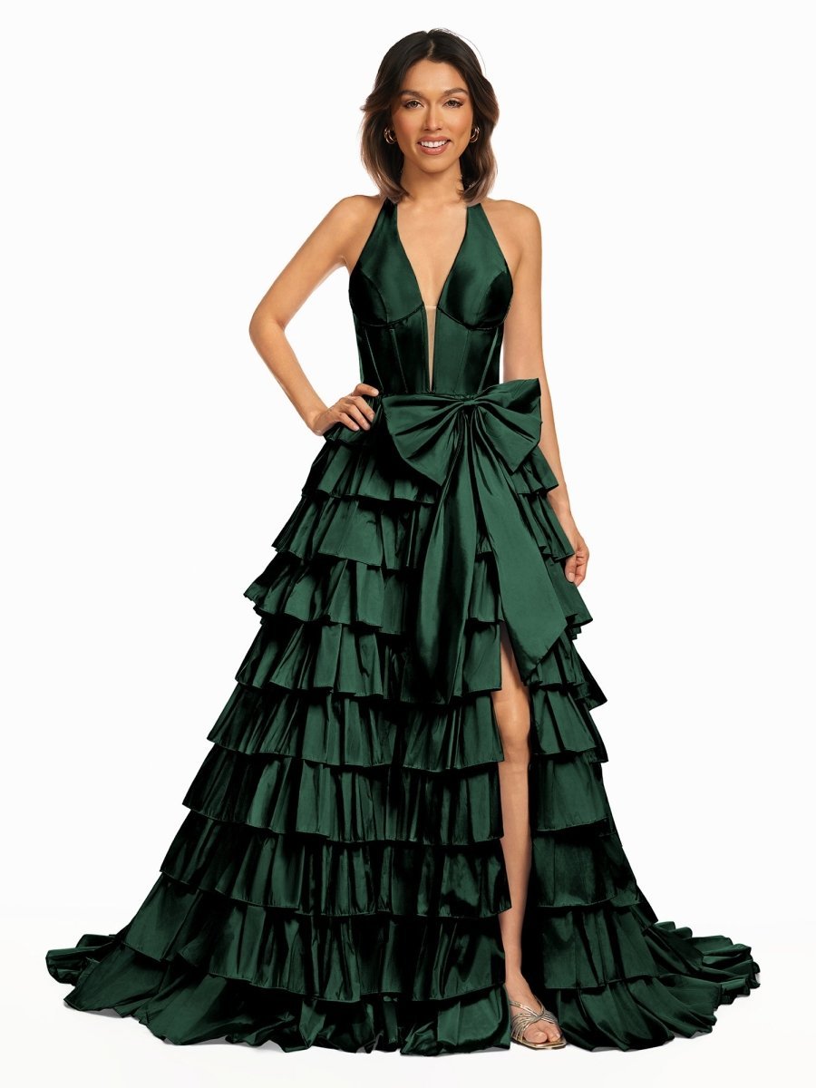 Halter A-Line Blue Satin Long Ruffled Prom Dress With Slit - Curvevia