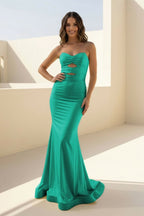 Yellow Sweetheart Mermaid Satin Long Prom Dresses With Cutout - Curvevia