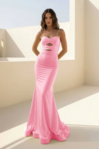 Yellow Sweetheart Mermaid Satin Long Prom Dresses With Cutout - Curvevia