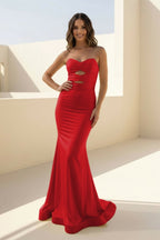 Yellow Sweetheart Mermaid Satin Long Prom Dresses With Cutout - Curvevia