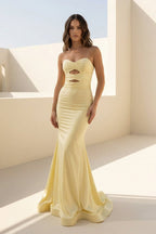 Yellow Sweetheart Mermaid Satin Long Prom Dresses With Cutout - Curvevia