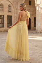 Light Yellow A-line One Shoulder Lace-Up Pleated Ruffle High-Low Prom Dress - Curvevia