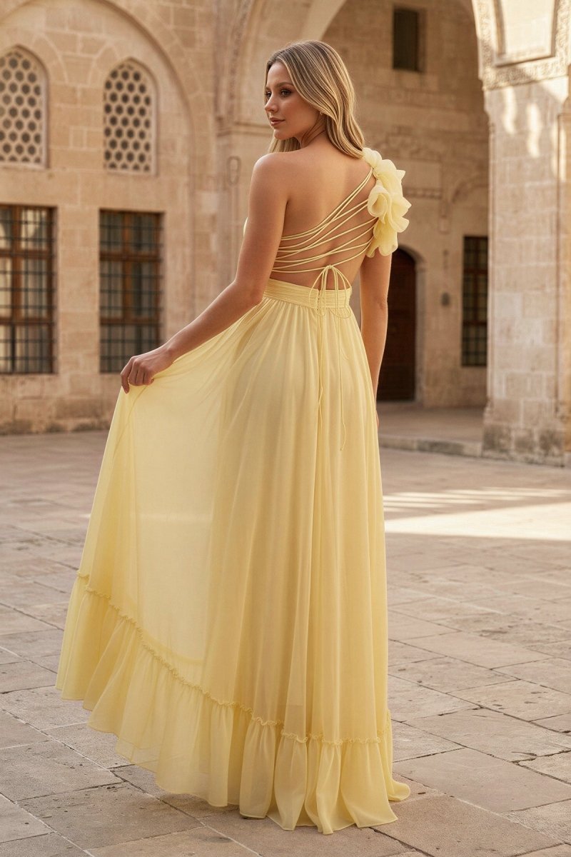 Light Yellow A-line One Shoulder Lace-Up Pleated Ruffle High-Low Prom Dress - Curvevia