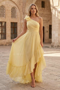 Light Yellow A-line One Shoulder Lace-Up Pleated Ruffle High-Low Prom Dress - Curvevia